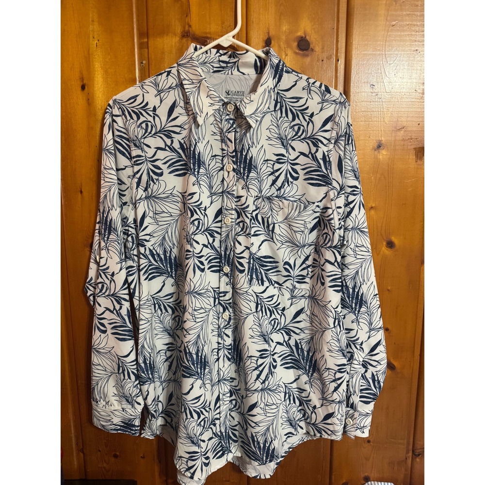 Carve Designs Womens Medium Navy White Tropical Leaf Button Down Shirt LS